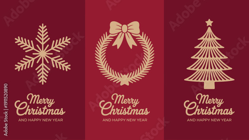 A festive red background displays three panels featuring a snowflake wreath and christmas tree with merry christmas text high quality professional detailed modern elegant stylish clean