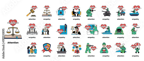 The icons include a soldier, a judge, a lawyer, a doctor, and a police officer