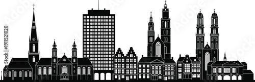 Zurich Switzerland city skyline silhouette vector, historic landmark architecture including Grossmunster, Fraumunster, St Peter church, urban cityscape travel poster design, black, isolated