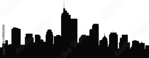Urban city skyline silhouette with modern skyscrapers and downtown buildings, black panoramic cityscape outline isolated on white background for architecture and business design use.