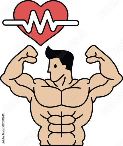 A man with a muscular build is shown with a heart on his chest