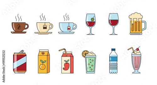 Collection of various beverages and drinks in cartoon style.
