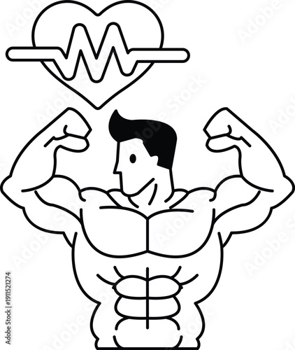 A man with a muscular build is shown with a heart on his chest