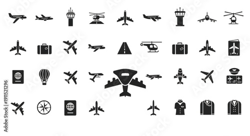 Collection of aviation and travel icons airplane helicopter airport symbols.