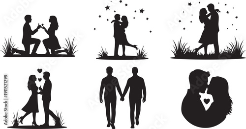 Romantic Silhouettes of Loving Couples in Various Poses Together