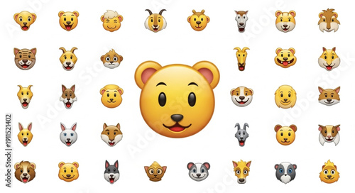 Collection of Animal Emoji Faces on White Background.