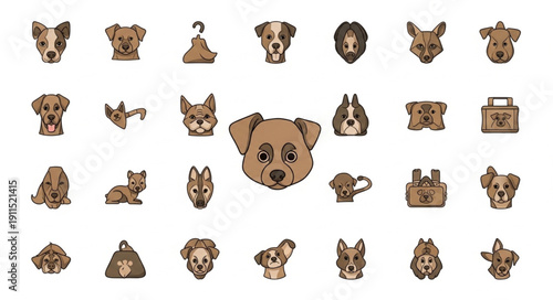 Collection of Dog Faces and Breeds in Various Poses.
