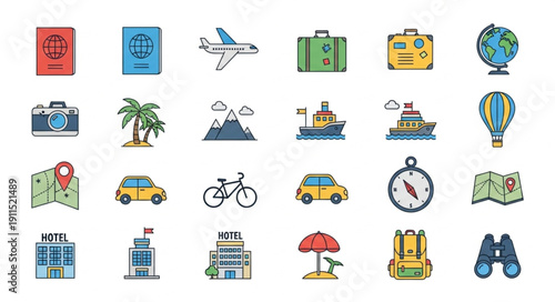 Collection of travel and vacation icons for tourism and adventure.