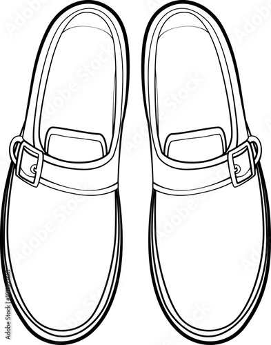 Classic clog mules vector outline. Top view footwear illustration with buckle strap. Perfect for fashion mockups, chef or medical shoe icons.