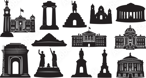 Monuments and buildings in black silhouette on white background