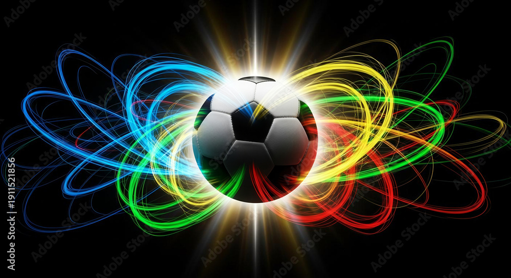 Naklejka premium Vibrant soccer ball with dynamic light trails and radiant energy beams