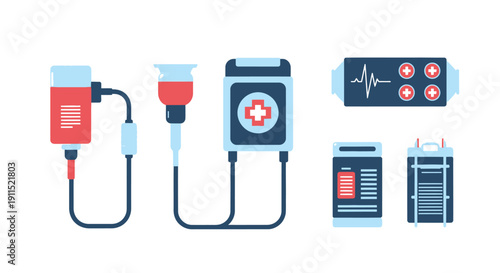 IV Drip, Blood Transfusion Bag, ECG Monitor, and Medical Storage Container Flat Icons