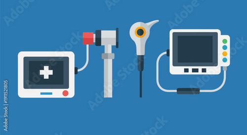 Healthcare Technology Flat Design: Otoscope, Patient Monitor, and Diagnostic Medical Examination Devices Illustration.