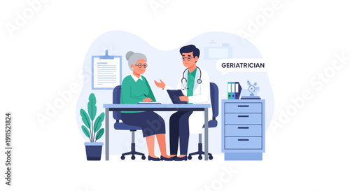 Geriatrician Consulting Elderly Patient. Senior Woman Discussing Health, Wellness, and Medical Care with Doctor Illustration in Clinic.