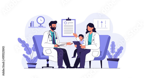 Pediatric Consultation: Doctors, Male and Female, Discussing Health with a Young Child Patient. Modern Flat Vector Illustration for Healthcare.