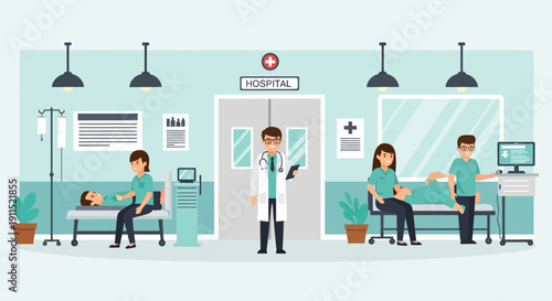 Hospital Staff (Doctor, Nurses) Caring for Patients in a Medical Ward. Healthcare Teamwork and Patient Service Concept. Flat Vector Illustration.