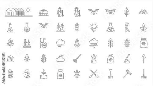 Agriculture and farming editable line icon set. 40 vector icons featuring crops, plants, greenhouse, farmers, drones, watering, soil, tools, and sustainability concepts