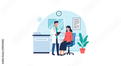 Doctor and Patient Consultation: Healthcare Visit, Medical Examination, and Checkup in Clinic Office Vector Illustration