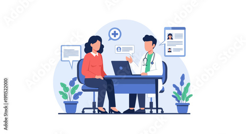 Doctor and Patient Consultation. Healthcare Check-up, Medical Advice, and Digital Health Records. Flat Illustration.