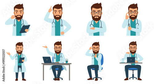 Bearded Doctor Character Set Vector. Collection of 8 professional physician poses: consulting, advising, thinking, and working on health technology.