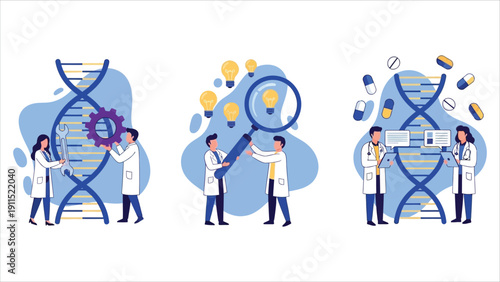 Genetic laboratory and artificial DNA concept vector illustration. Male and female scientists with DNA helix, lab equipment, and light bulb idea. Ideal for medicine and biotech banners