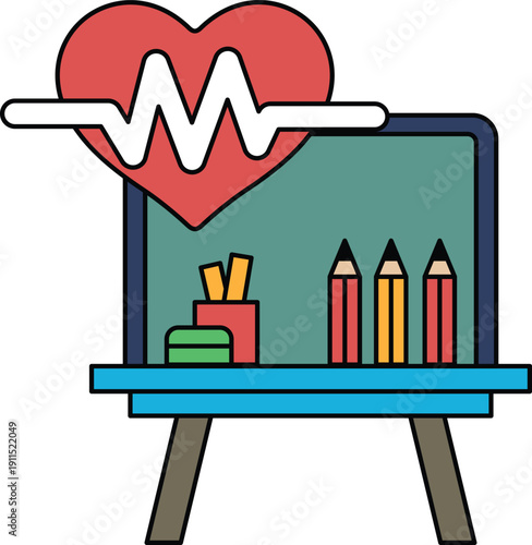 The image is of a desk with a pencil holder, a pen, and a box of pencils