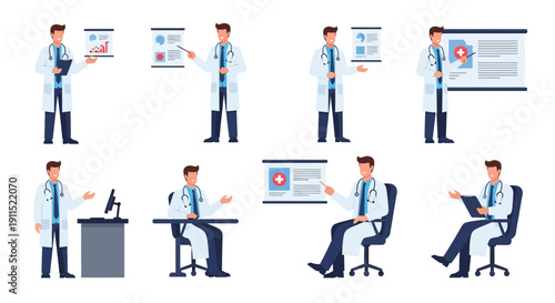 Doctor Character Poses Set: Medical Presentation, Teaching, Data Analysis, and Consulting. Healthcare Professional Collection in Various Office Situations.