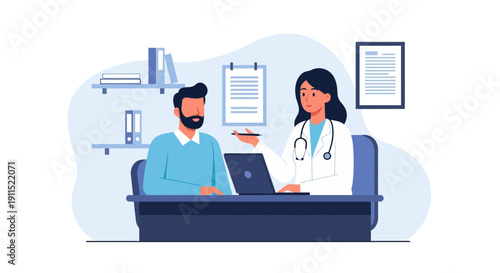 Doctor Consultation with Male Patient. Healthcare professional discussing medical data or diagnosis with a client in a modern clinic office. Flat vector illustration.