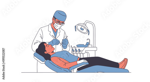 Dental Checkup and Examination. Dentist Doctor Treating Patient in Clinic. Oral Health, Stomatology and Hygiene Vector Illustration Isolated on White.