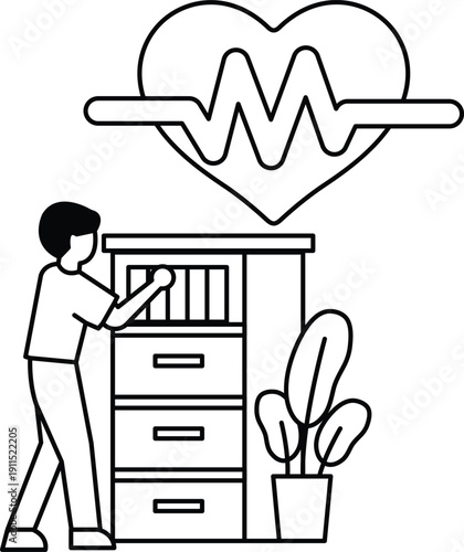 A man is reaching into a filing cabinet