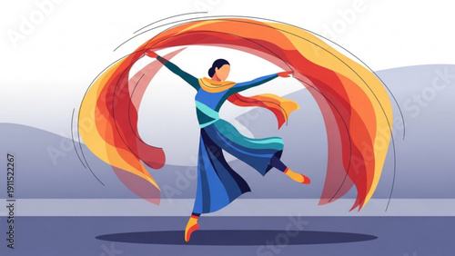 Cartoon illustration of a fashion girl in a red dress flying toward a rainbow over the summer sea with fun vector art design