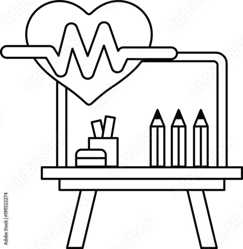 The image is of a desk with a pencil holder, a pen, and a box of pencils