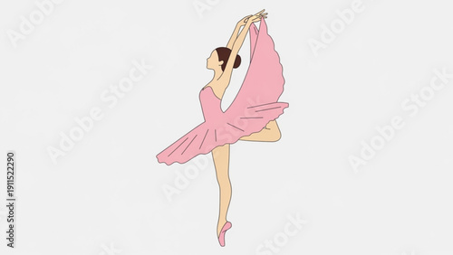 A glamour style vector illustration of a beautiful lady ballerina with a pink dress and smile dancing in a studio