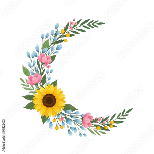 A vibrant floral arrangement with a yellow sunflower in the center and colorful flowers on the sides isolated on transparent background