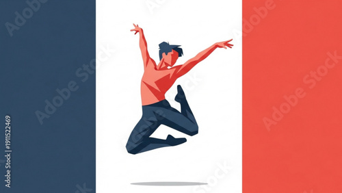 A smiling young woman in fashion fitness wear performs an active dance jump in a studio, captured in a joyful moment of mid-air action and pure happiness