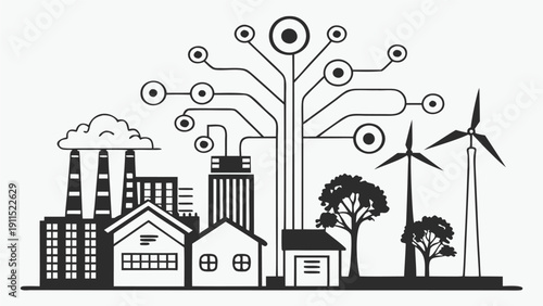 Smart Industry and Connected City Skyline Silhouette Vector Illustration