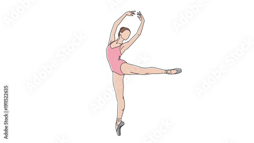 A slim young ballet dancer in a graceful dance pose showcases her fitness and beauty through elegant stretching exercise while wearing a fashionable swimsuit