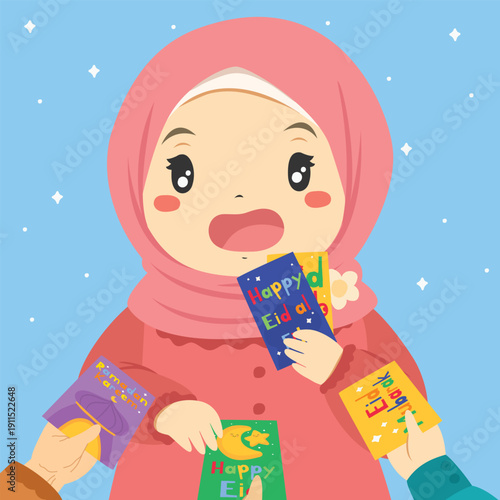 Happy Muslim girl receiving Eid al-Fitr money from her relatives holding traditional Eid money envelopes. Child celebrating Islamic holiday with family. Cartoon character vector illustration isolated.