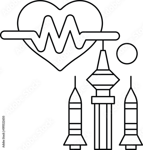 A heart is surrounded by a wave and a rocket