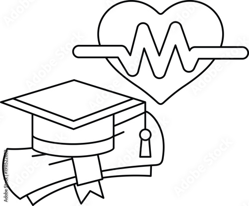 A graduation cap and diploma are shown with a heart and a stethoscope