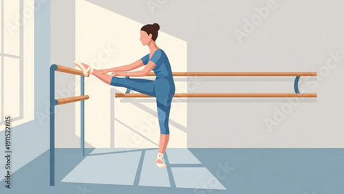 A young woman in fashion fitness gear performs a yoga exercise on the stairs to balance sport and business