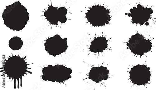 Collection of black ink splatters on white background various