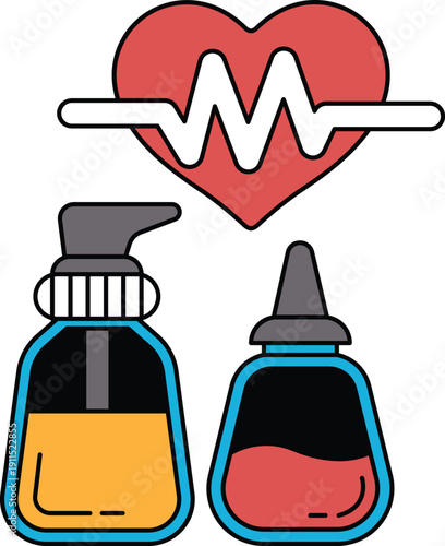 A bottle of medicine and a bottle of soap are shown next to each other