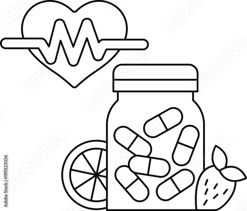 A heart is shown next to a jar of pills and a slice of orange