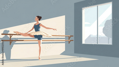 A beautiful young woman practices a fitness yoga exercise on the beach, blending lifestyle and sport with the grace of a ballerina dancer standing by the sea for health and body wellness