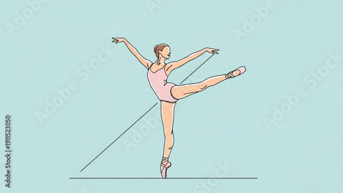 Elegant ballerina in a flowing fashion dress performing a jumping dance balance, a slim woman personified as a beauty performer posing in an active studio sport fitness action vector illustration