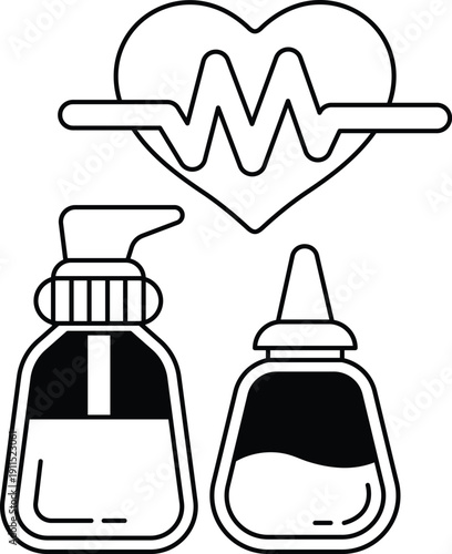 A bottle of medicine and a bottle of soap are shown next to each other