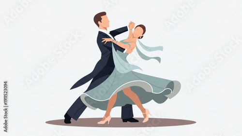 A young business couple in suits performs a successful tango dance illustration, capturing the beauty of their movement in a modern conceptual art style