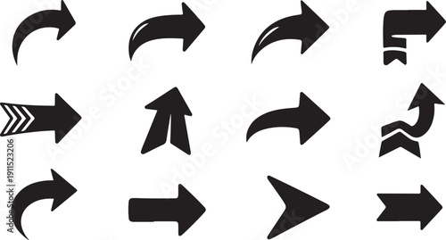 Collection of various black arrow icons on white background