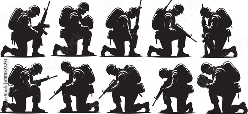 Silhouette of soldiers in various combat positions and movements